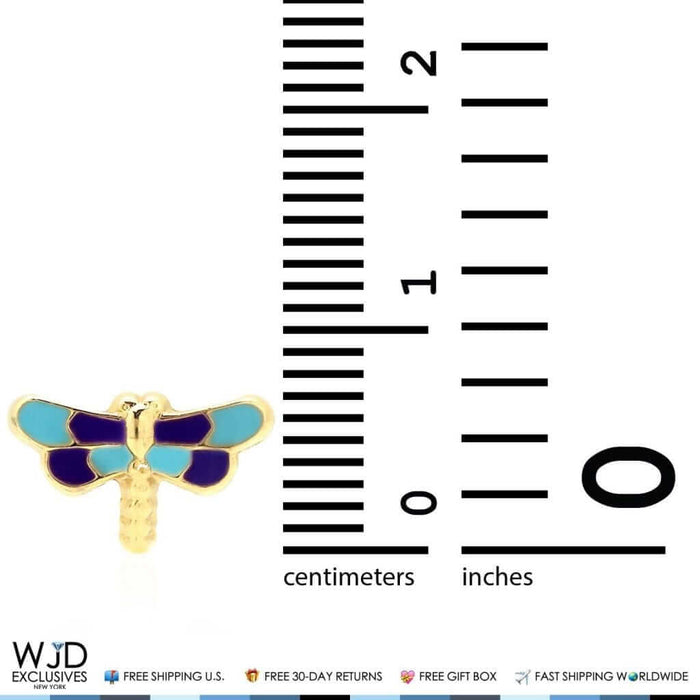 14K Yellow Gold Blue & Purple Enamel Dragonfly Screw Back Stud Earrings