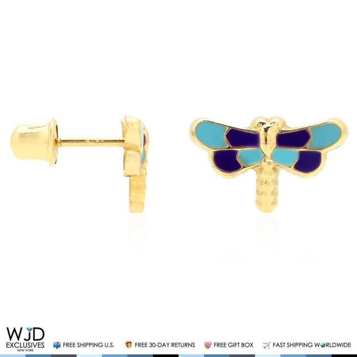 14K Yellow Gold Blue & Purple Enamel Dragonfly Screw Back Stud Earrings