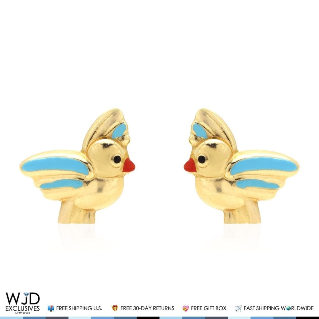 14K Solid Yellow Gold Blue Enamel Baby Bird Screw Back Stud Kids Earrings