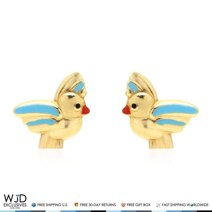 14K Yellow Gold Blue Enamel Baby Bird Screw Back Stud Kids Earrings