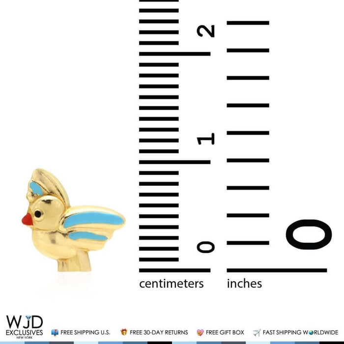 14K Yellow Gold Blue Enamel Baby Bird Screw Back Stud Kids Earrings