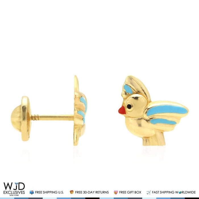 14K Yellow Gold Blue Enamel Baby Bird Screw Back Stud Kids Earrings