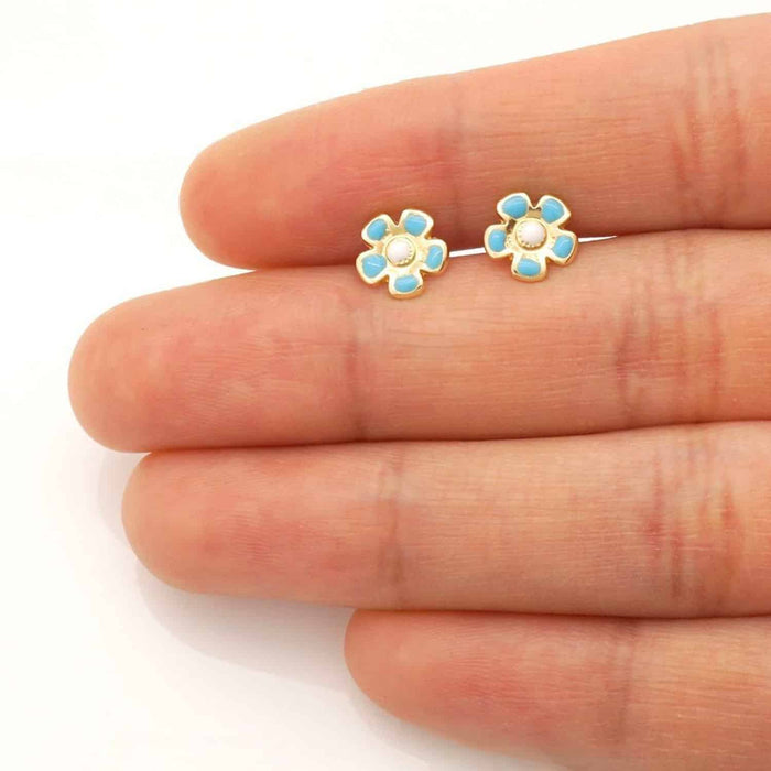 Kids 14K Gold White Pink Blue Green Red Purple Yellow Flower Stud Earrings