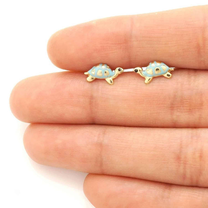 14K Yellow Gold Green Pink Red Blue Enamel Turtle Baby Screw Back Stud Earrings