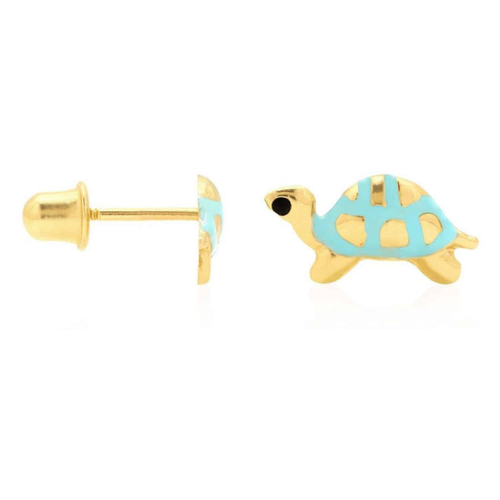 14K Yellow Gold Green Pink Red Blue Enamel Turtle Baby Screw Back Stud Earrings