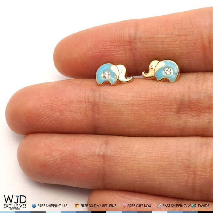 14K Yellow Gold Enamel CZ Elephant Screw Back Stud Earrings