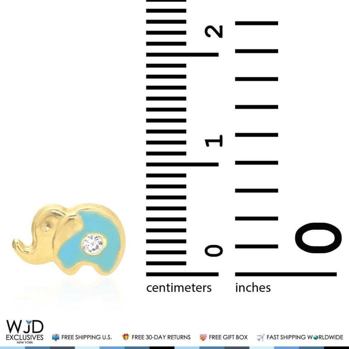 14K Yellow Gold Enamel CZ Elephant Screw Back Stud Earrings