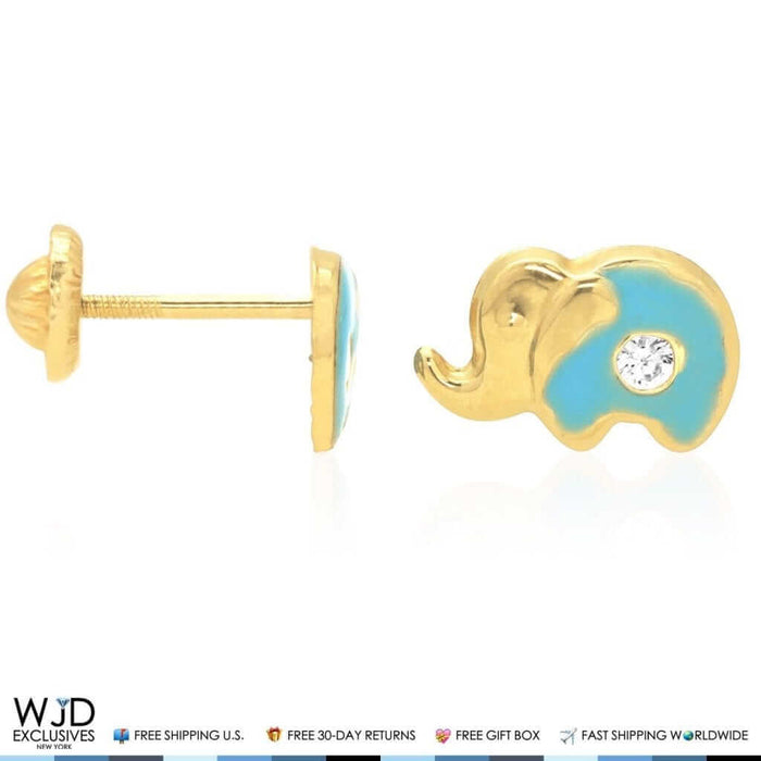 14K Yellow Gold Enamel CZ Elephant Screw Back Stud Earrings
