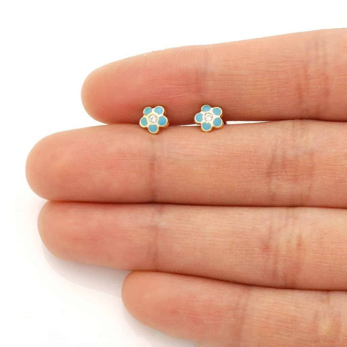 Kids 14K Gold Red Blue Green Pink Purple Yellow Zircon Flower Stud Earrings