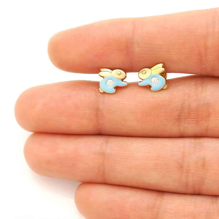 Kids 14K Gold CZ Enamel Rabbit Stud Earrings