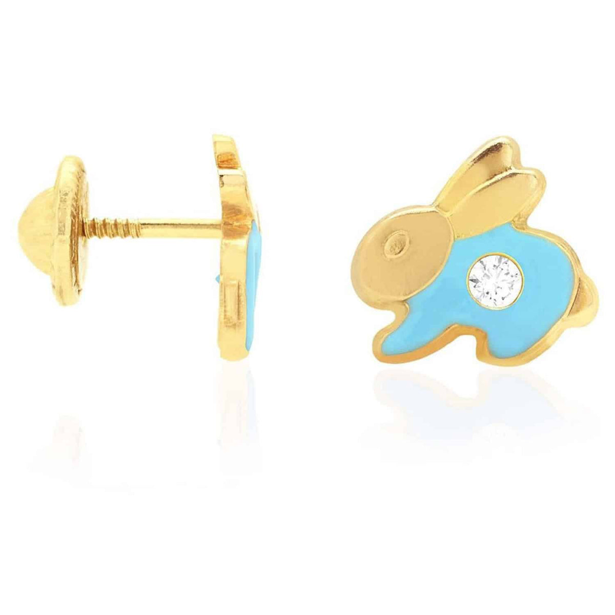 Kids 14K Gold CZ Enamel Rabbit Stud Earrings