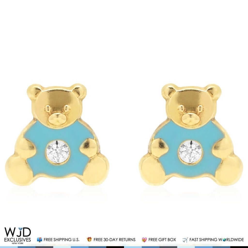 14K Gold Enamel CZ Teddy Bear Screw Back Stud Earrings
