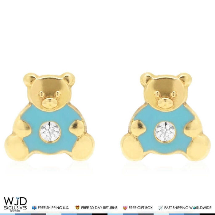 14K Gold Enamel CZ Teddy Bear Screw Back Stud Earrings