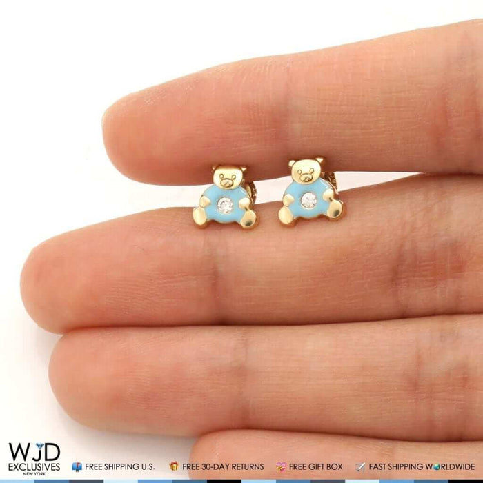 14K Gold Enamel CZ Teddy Bear Screw Back Stud Earrings