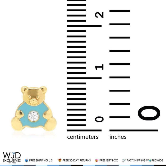 14K Gold Enamel CZ Teddy Bear Screw Back Stud Earrings