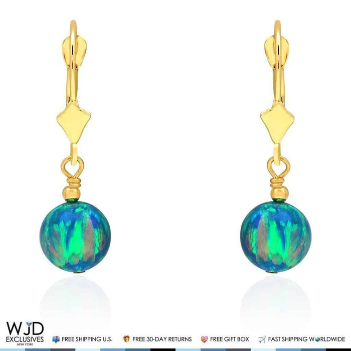 14K Yellow Gold Blue Fiery Opal Ball Lever Back Dangle Drop Earrings 1.1"