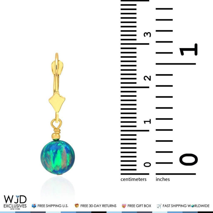 14K Yellow Gold Blue Fiery Opal Ball Lever Back Dangle Drop Earrings 1.1"