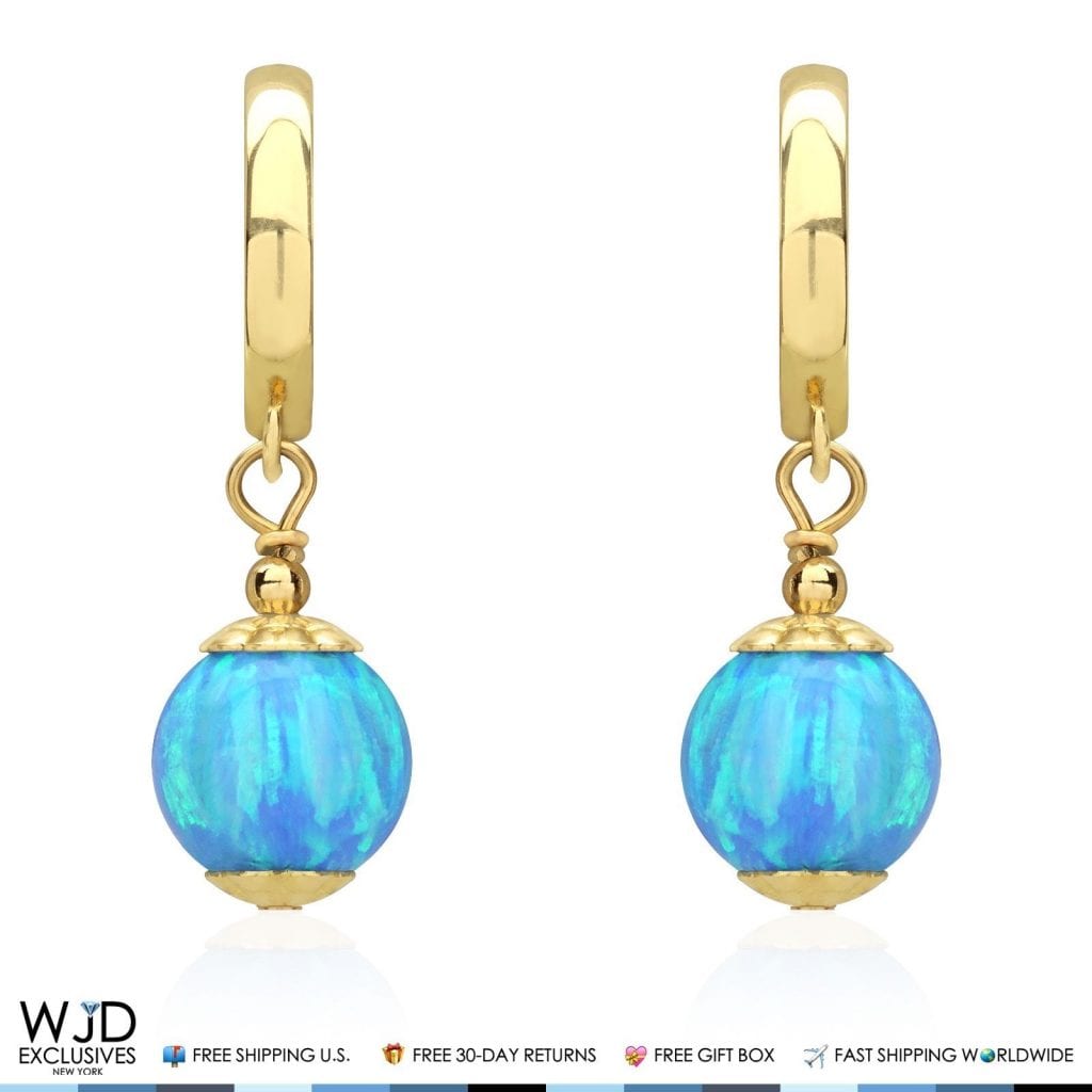 14K Solid Yellow Gold Blue Fire Opal Ball Huggie Hoop Dangle Drop Earrings