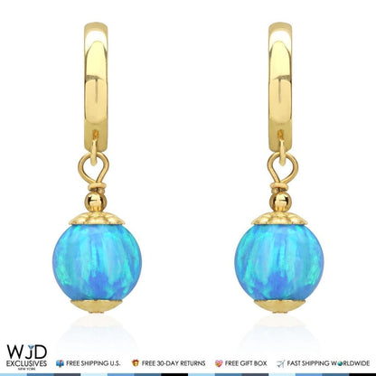 14K Solid Yellow Gold Blue Fire Opal Ball Huggie Hoop Dangle Drop Earrings