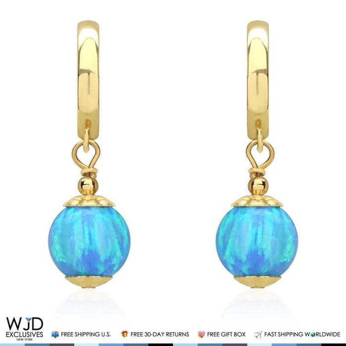 14K Yellow Gold Blue Fire Opal Ball Huggie Hoop Dangle Drop Earrings