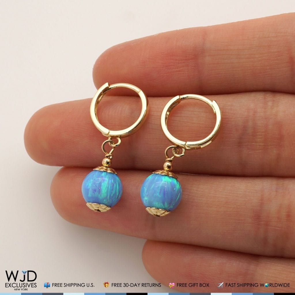 14K Solid Yellow Gold Blue Fire Opal Ball Huggie Hoop Dangle Drop Earrings