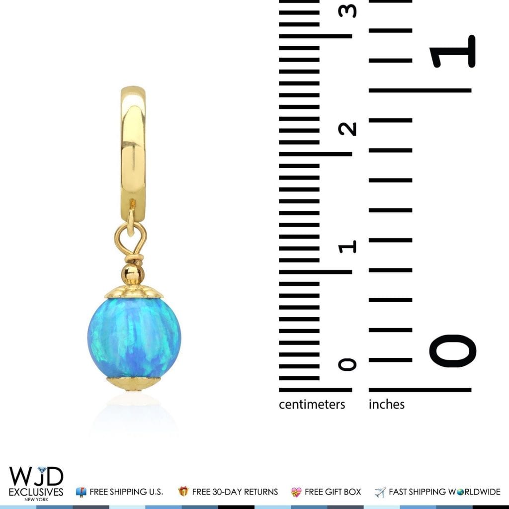 14K Solid Yellow Gold Blue Fire Opal Ball Huggie Hoop Dangle Drop Earrings