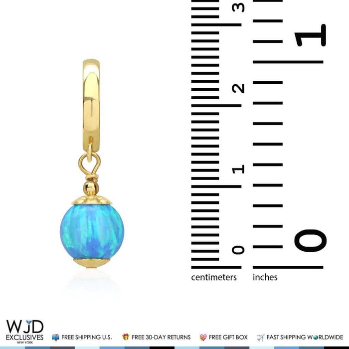 14K Yellow Gold Blue Fire Opal Ball Huggie Hoop Dangle Drop Earrings