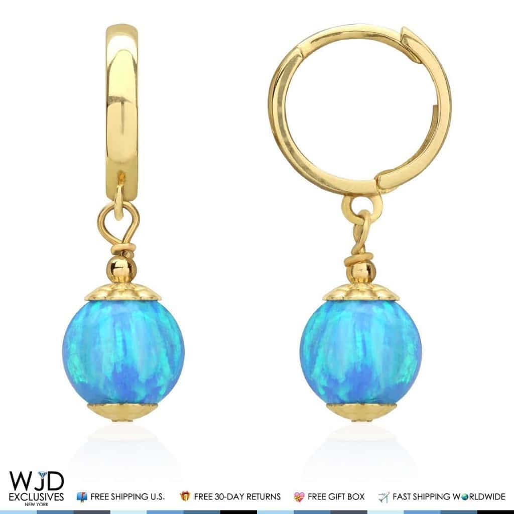 14K Solid Yellow Gold Blue Fire Opal Ball Huggie Hoop Dangle Drop Earrings