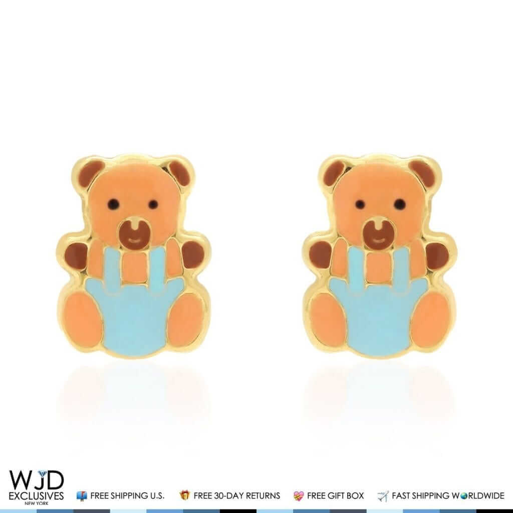 14K Yellow Gold Brown Enamel Teddy Bear Baby Screw Back Stud Kids Earrings