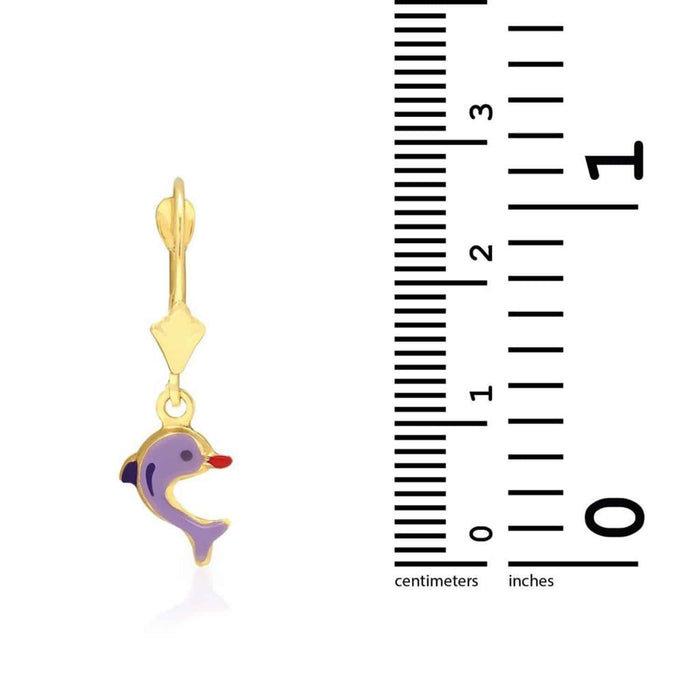 Kids 14K Yellow Gold Pink Purple Blue Green Enamel Dolphin Leverback Earrings