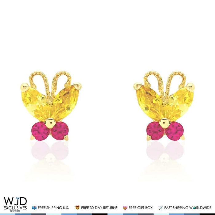 14K Yellow Gold Citrine & Ruby Butterfly Baby Screw Back Stud Kid Earrings