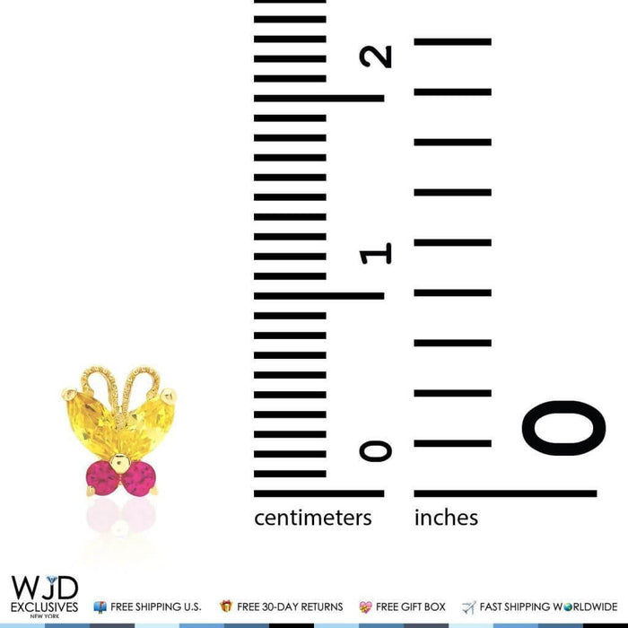 14K Yellow Gold Citrine & Ruby Butterfly Baby Screw Back Stud Kid Earrings