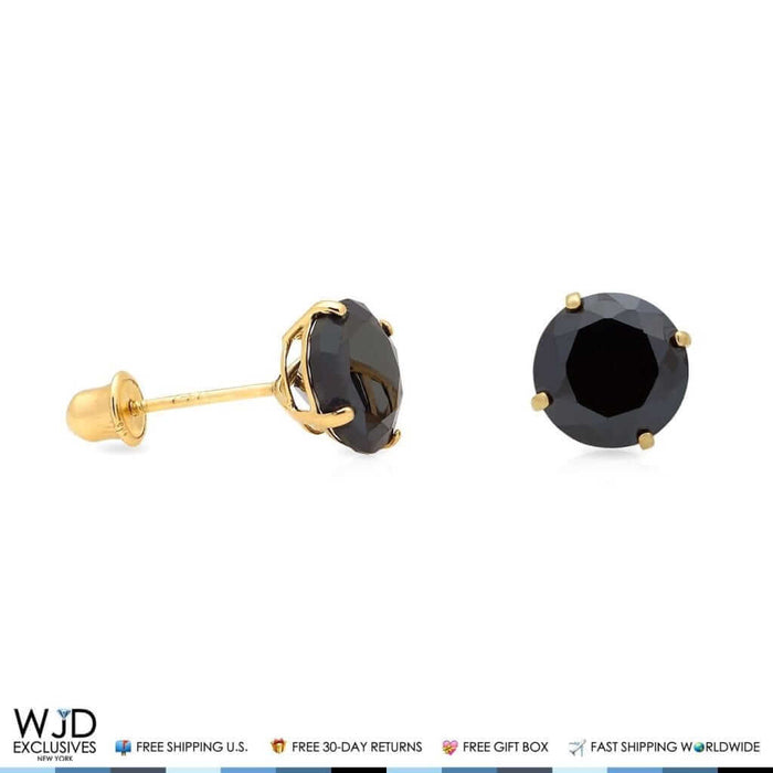 14K Yellow Gold Simulated Black Diamond Round Screw Back Stud Earrings