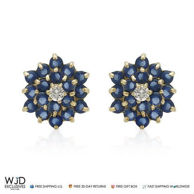 14K Solid Yellow Gold Created Blue Sapphire Flower Stud Earrings 7.5mm