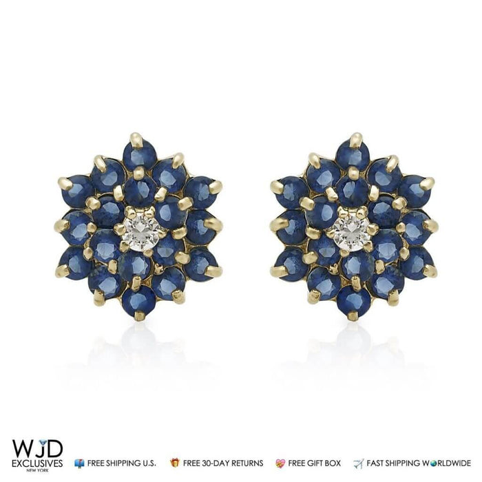14K Solid Yellow Gold Created Blue Sapphire Flower Stud Earrings 7.5mm