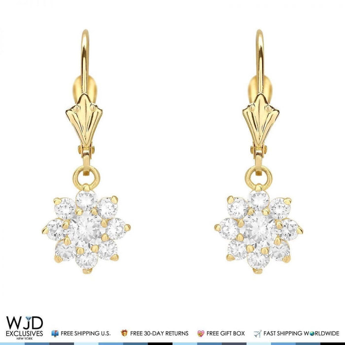 14K Yellow Gold CZ Birthstone Flower Dangle Leverback Earrings