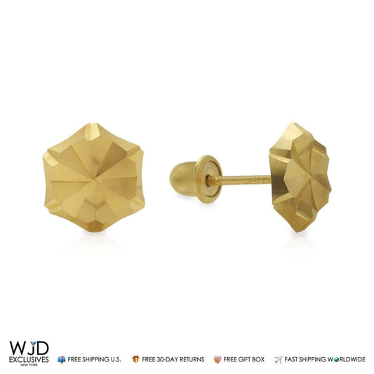 14K Solid Yellow Gold Diamond Cut 7mm Hexagon Screw Back Stud Earrings