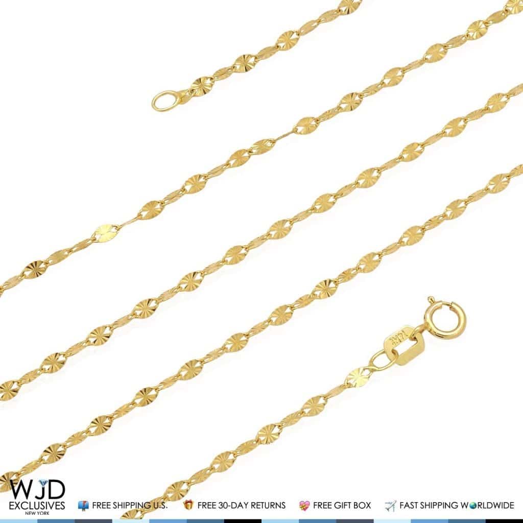 14K Real Gold Yellow Diamond-Cut 2mm Fancy Leaf Italian Chain Necklace 16-22"