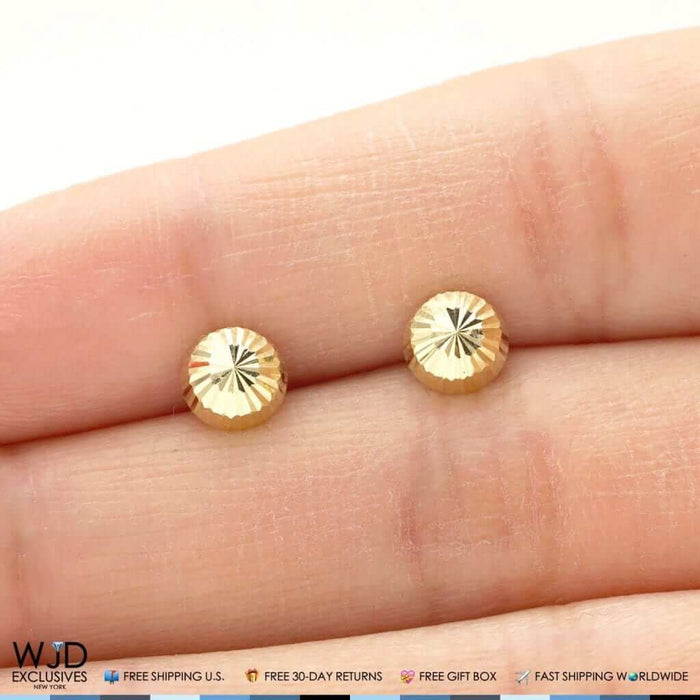 Solid 14K Yellow Gold Diamond-Cut Half Ball Stud Earrings 6mm