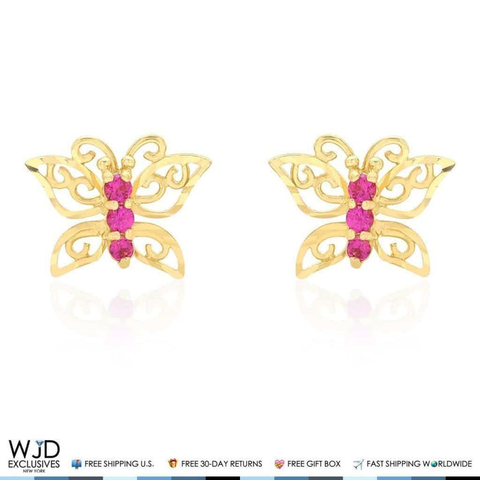 Kids 14K Yellow Gold Simulated Ruby Butterfly Screw Back Stud Earrings