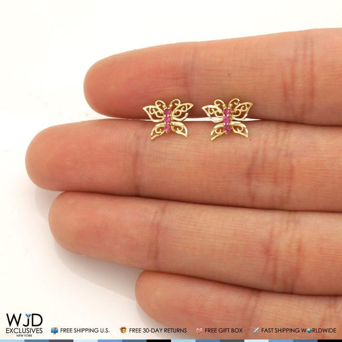 Kids 14K Yellow Gold Simulated Ruby Butterfly Screw Back Stud Earrings