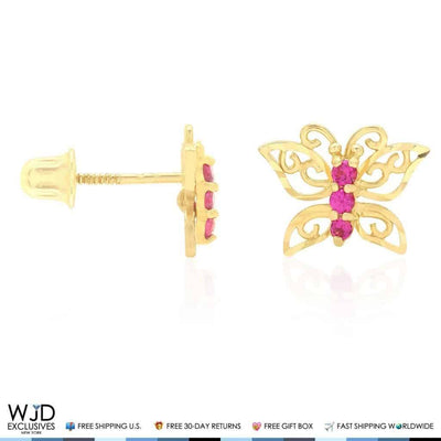 Kids 14K Yellow Gold Simulated Ruby Butterfly Screw Back Stud Earrings