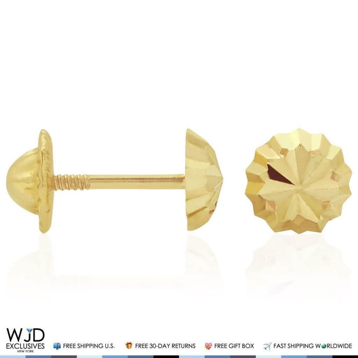 14K Yellow Gold Diamond-Cut Stud Earrings 5mm Round Circle Ball