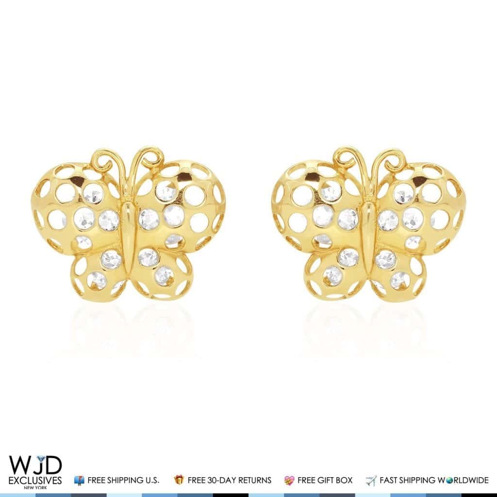 Solid 14K Yellow Gold Diamond-Cut CZ Butterfly Screw Back Stud Earrings