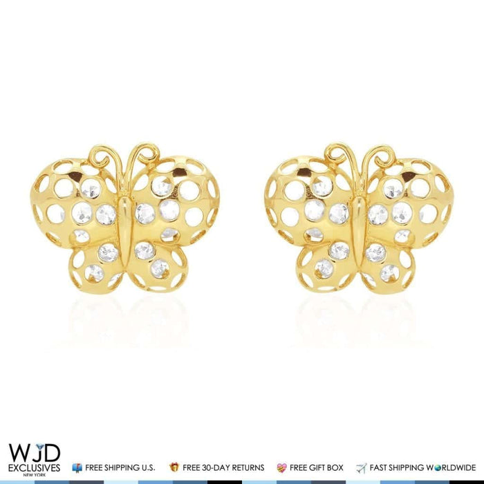 Solid 14K Yellow Gold Diamond-Cut CZ Butterfly Screw Back Stud Earrings