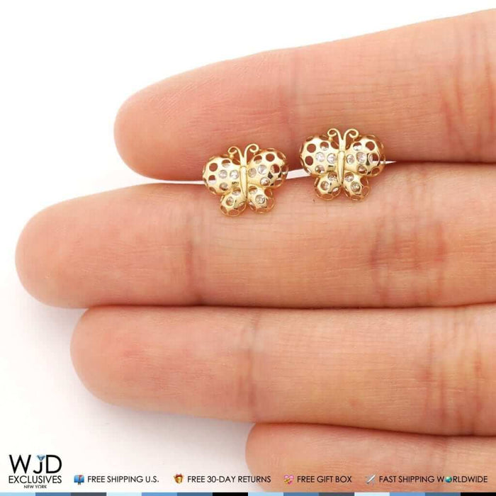 Solid 14K Yellow Gold Diamond-Cut CZ Butterfly Screw Back Stud Earrings