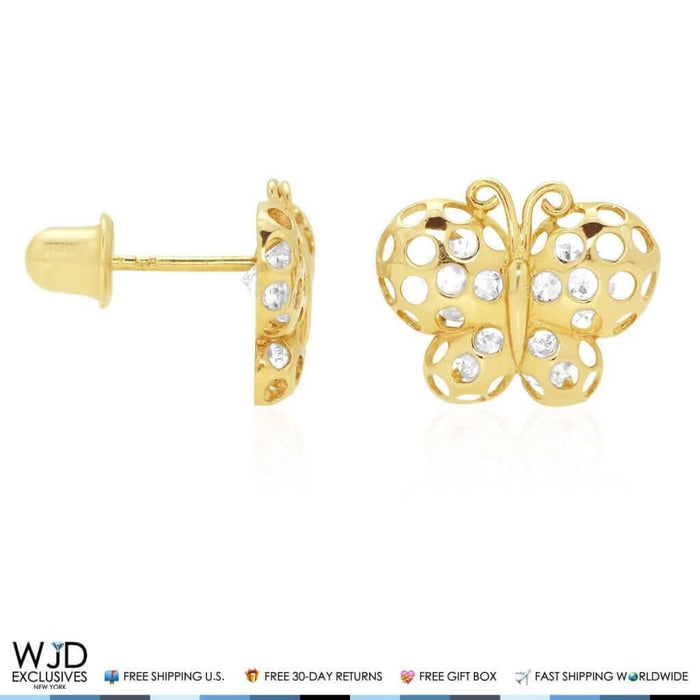 Solid 14K Yellow Gold Diamond-Cut CZ Butterfly Screw Back Stud Earrings