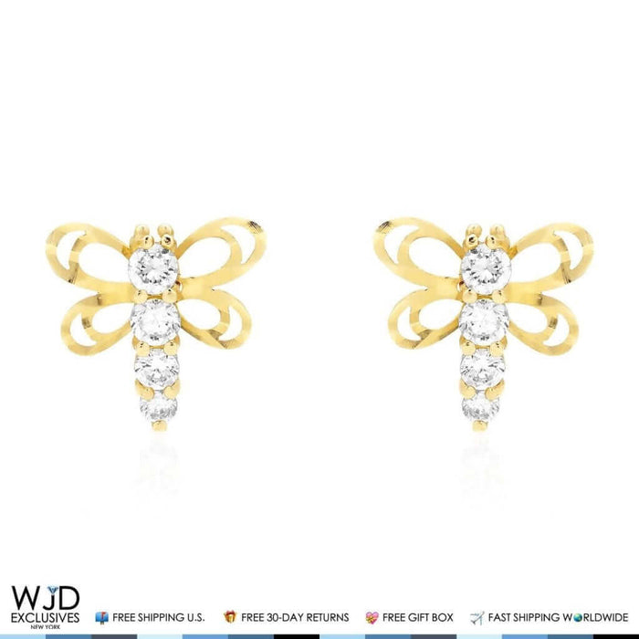 14K Yellow Gold Diamond-Cut CZ Dragonfly Screw Back Stud Earrings