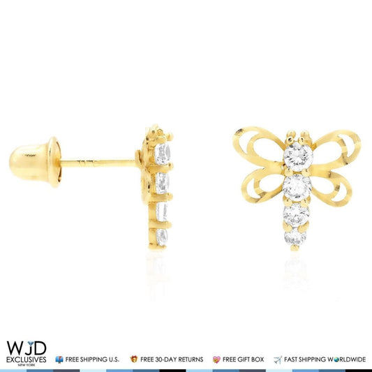 14K Solid Yellow Gold Diamond Cut White Zircon Dragonfly Screwback Stud Earrings