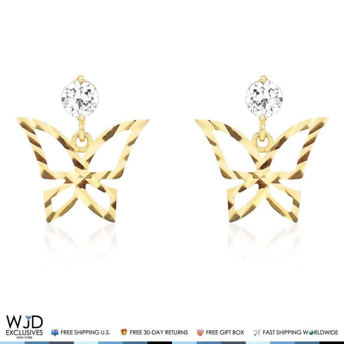 14K Yellow Gold Diamond-Cut CZ Butterfly Dangle Screw Back Earrings